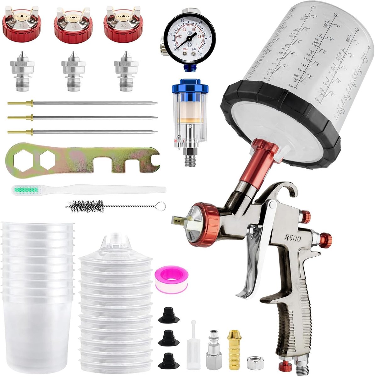 SnelShoppen - R500 LVLP Spuitpistool met 1.3/1.7/2.0 mm Doppen en 650 ml Set van 10 Wegwerp Verfbekers voor Auto's en Huizen - Professioneel Schildere