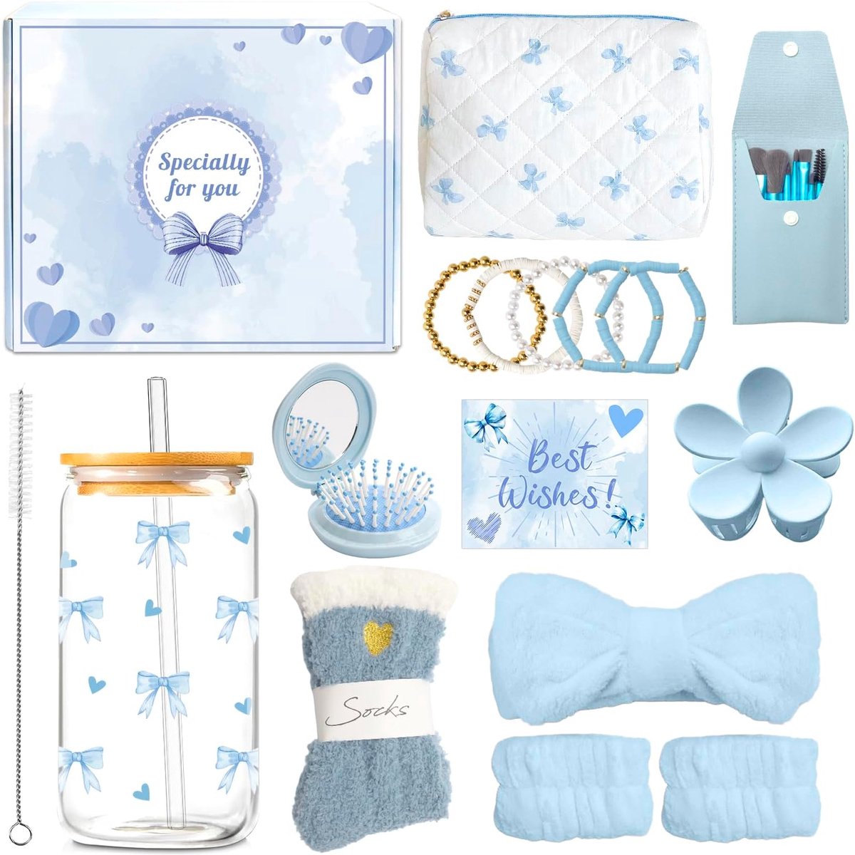 SnelShoppen - Cadeauset voor Meisjes en Tieners, Drinkglas met Rietje en Deksel, Make-uptas, Ideaal voor Verjaardag, Feest, 9-16 Jaar, Blauw