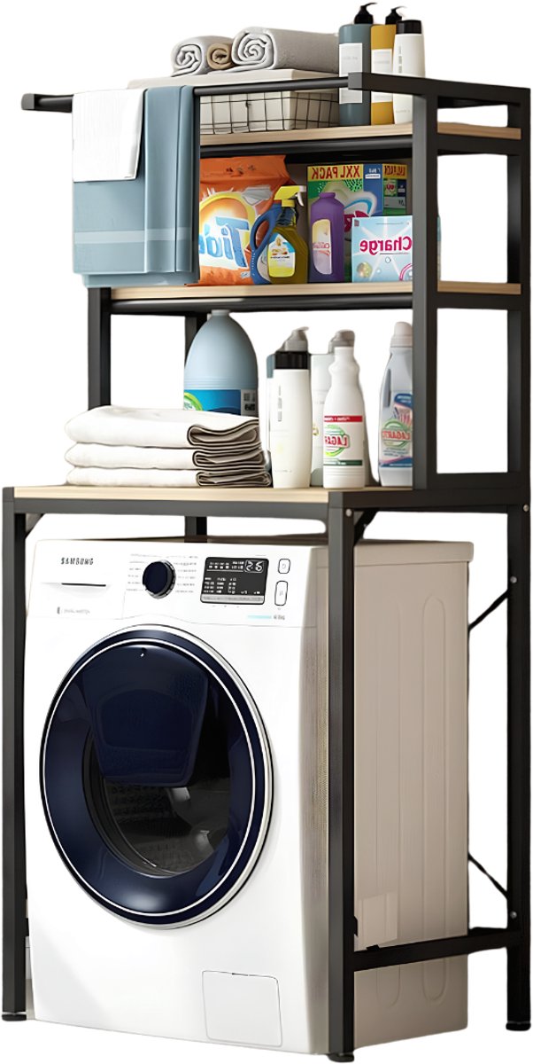 SP® Wasmachine Rek - 3 Planken - Wasmachinehouder Voor de Badkamer - Badkamerplanken - Zwart - 69cm x 60cm x 177cm
