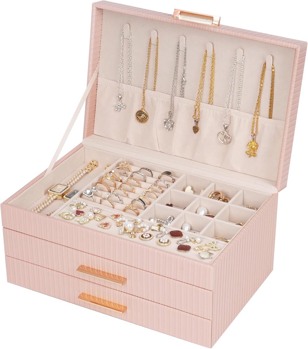 SnelShoppen - 3-laags Sieradenbox met 2 Lades voor Ringen, Kettingen, Oorbellen, Horloges, Armbanden - Roze, Ruime Organiser voor Dames