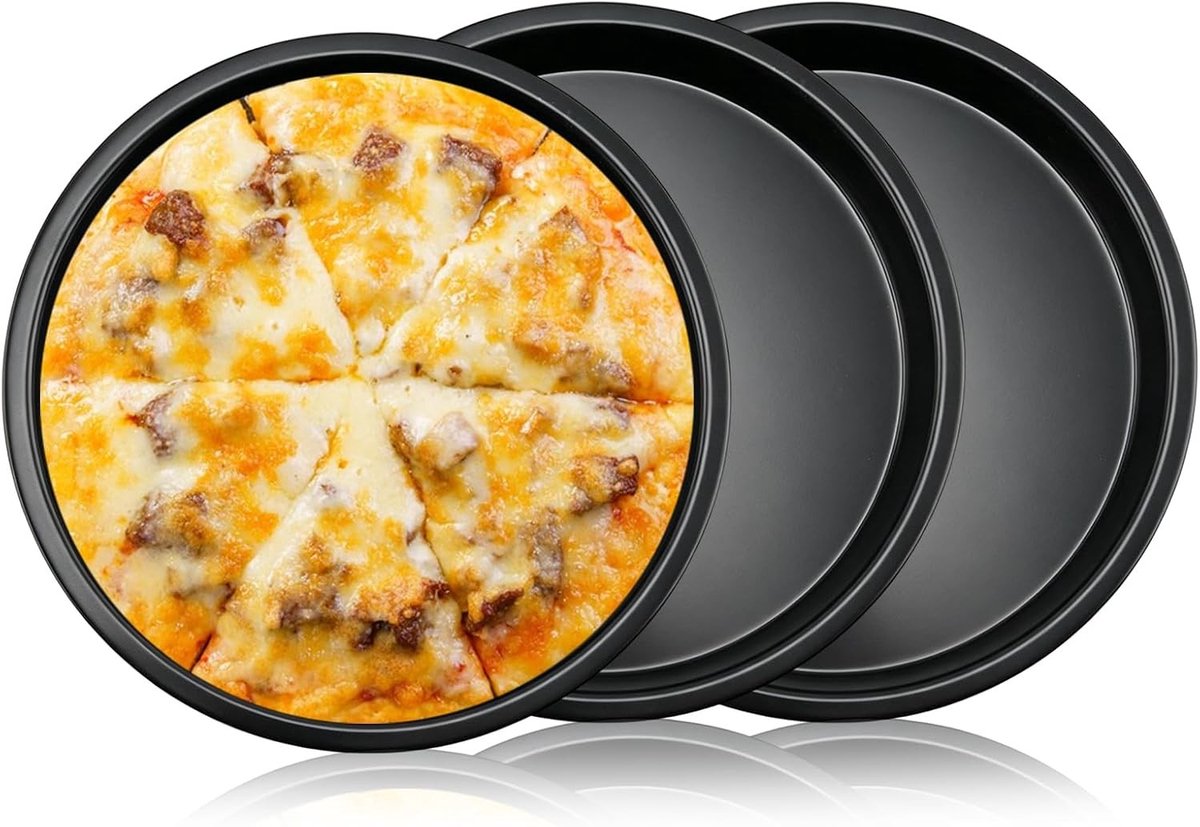 Pizzapan rond 28 cm - Set van 3, antiaanbaklaag voor perfect bakken van pizza's, quiches en taarten