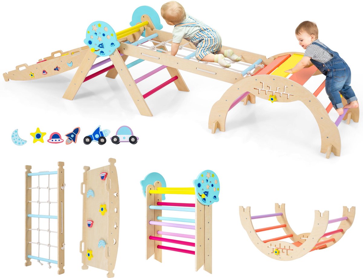 COSTWAY Klimrek Indoor 4-delige set, opvouwbaar klimrek met glijbaan, klimboog, net, incl. dubbelzijdige helling, bouwstenenset & 2 auto's, Universum klimrek van hout voor kinderen vanaf 1 jaar