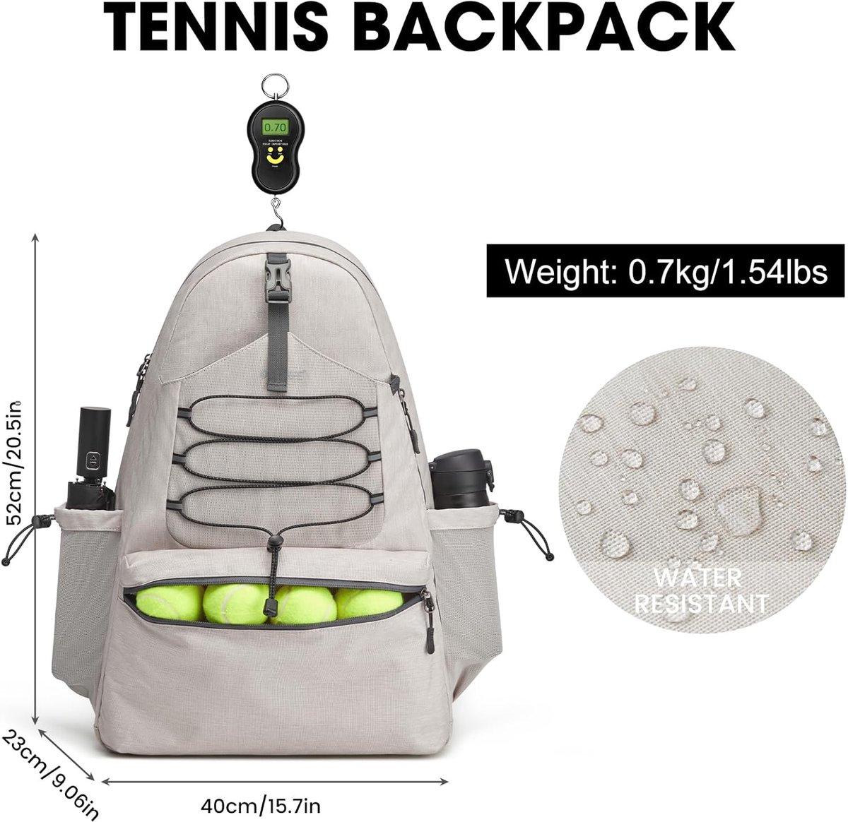 VHV - Tennisrugzak - Waterdichte tennistas voor 2 rackets - Met apart schoenenvak en ruime opbergvakken - Unisex sporttas voor dames en heren - Beige