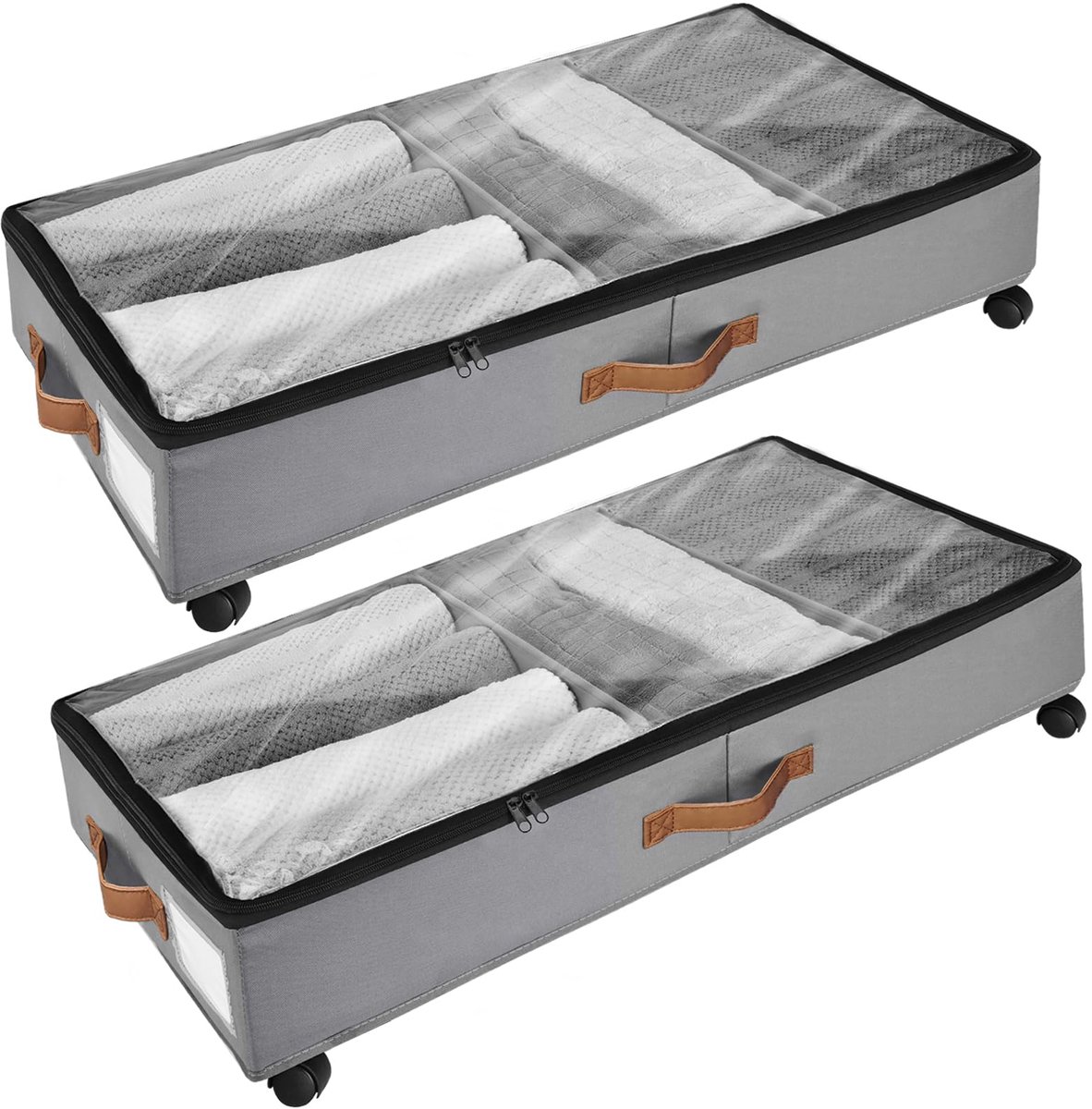 SnelShoppen - Onderbedcommode 2 Stuks met Wieltjes, 360° Rotatie, Metalen Frame, Opvouwbare Opbergtas van Vliesstoffen voor Kleding, Schoenen en Deken