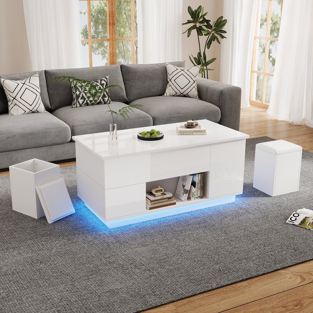 COVREO Salontafel 100 x 50 x 45 cm wit van spaanplaat met 2 lades, LED en verstelbare hoogte