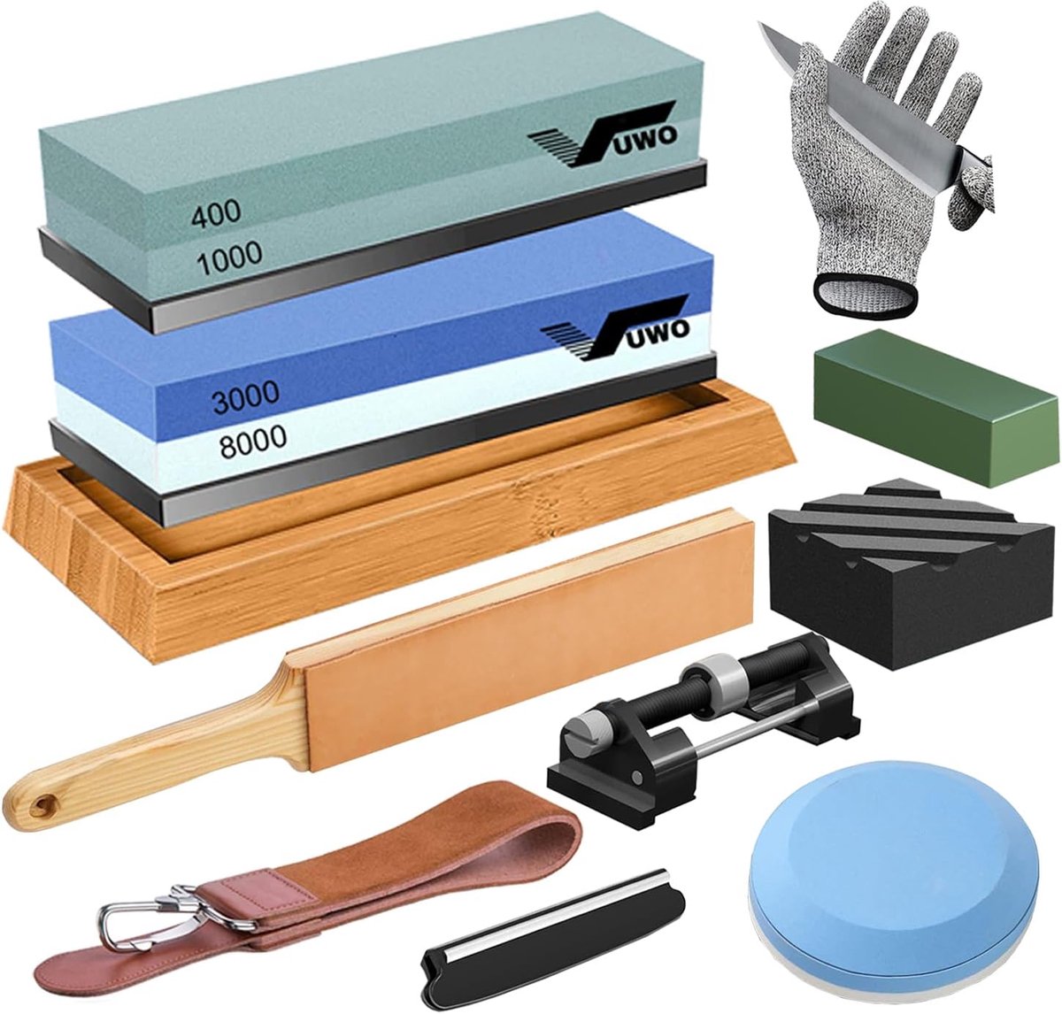 SnelShoppen - Professionele Slijpstenen Set - Dubbelzijdige Slijpsteen 400/1000 & 3000/8000 met Leren Strop, Bamboe Basis, Rubber Onderlaag, Hoekgids,