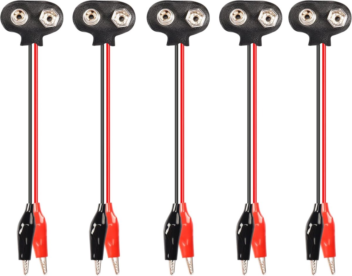 SnelShoppen - 9V Batterij Snap-on Krokodilklem Kabel Set van 5 Dubbele Krokodilklemmen voor 9V Batterij Aansluiting (15cm) - Ideaal voor Elektronica,