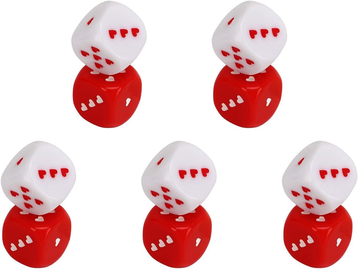 SnelShoppen - Heart Dice Kit - Hartvormige Dobbelstenen - 5 Paar - Plastic Rood en Wit - Veilig en Lichtgewicht - Ideaal voor Feesten en Reizen