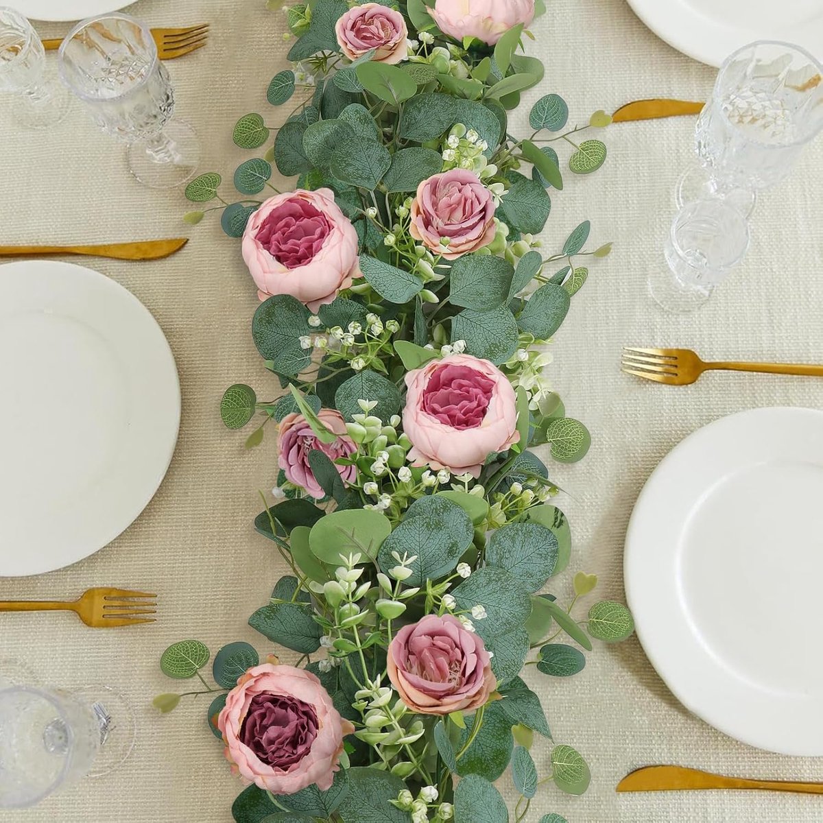 SnelShoppen - 4 Stuks Kunstbloemen Krans Eucalyptus Slinger Vintage Nepp bloemen Rozen en Pioenrozen Groene Decoratieve Wanddecoratie voor Bruiloft Bo