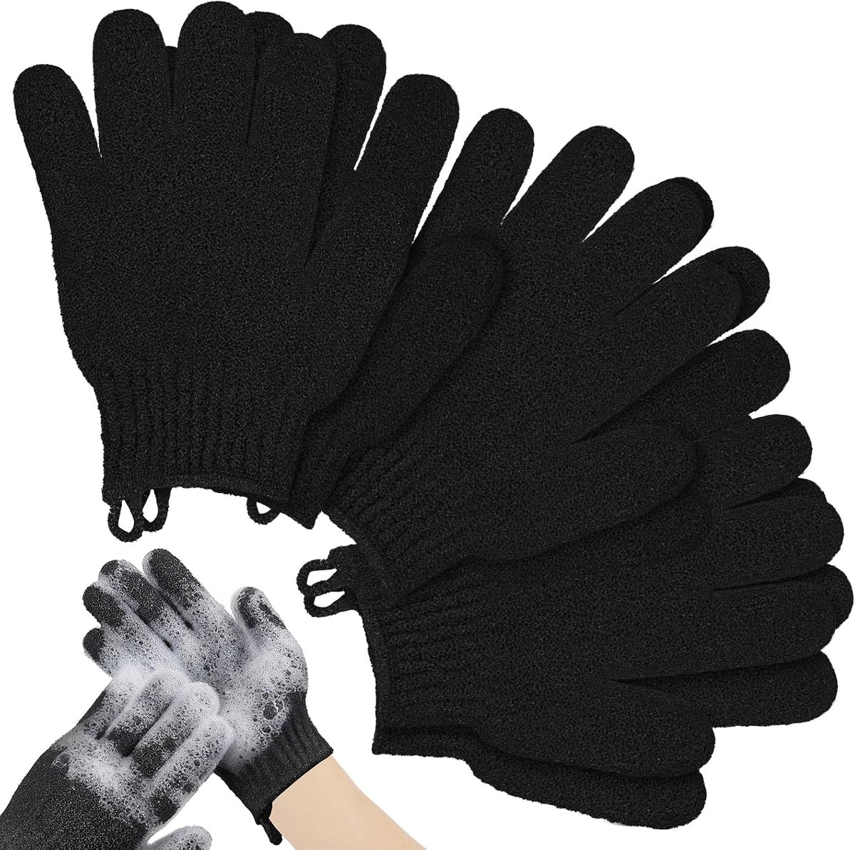 SnelShoppen - Exfoliërende Douchehandschoenen, 3 Paar Lichaam Peeling Handschoenen, Zwart, Voor Bad en Lichaam, Geschikt Voor Het Hele Gezin