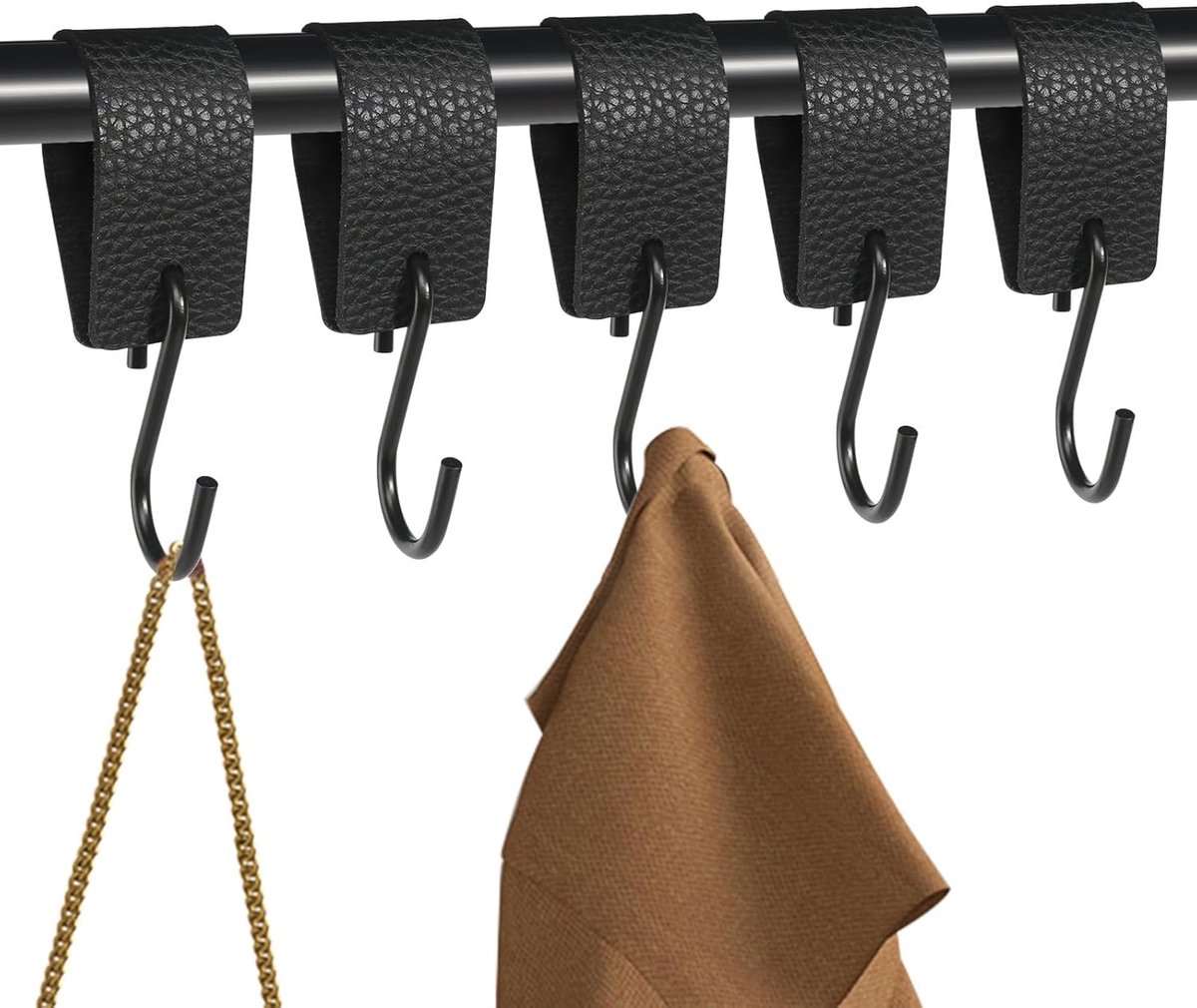 SnelShoppen - S Haak met Leren Lus - 5 Garderobe Haken Multifunctioneel - Sterk Metaal en Hoogwaardige Leer - Ideaal voor Camping, Tuin, Keuken en Fee
