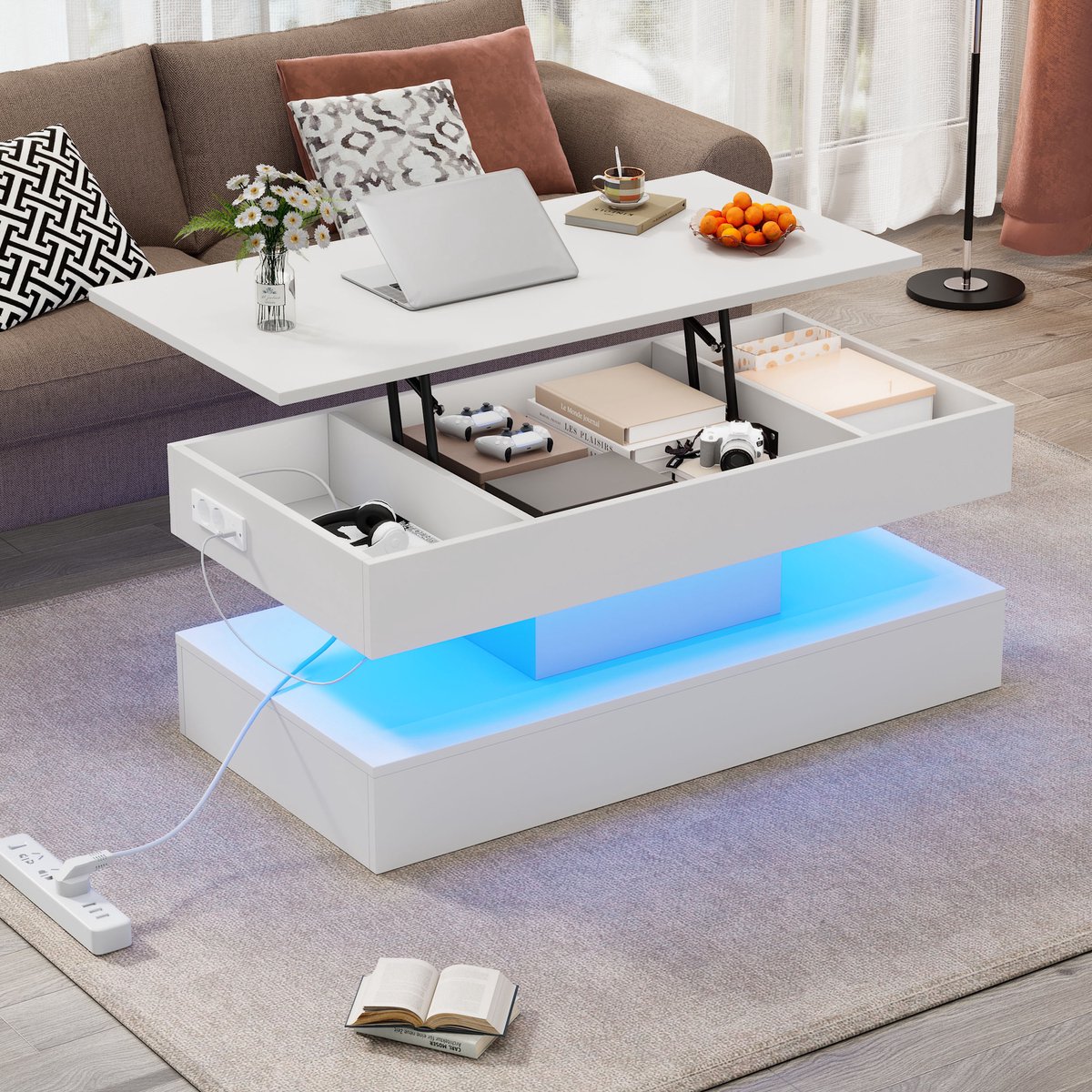 COVREO Salontafel 100x50x42 cm - wit, spaanplaat, lift-top met verborgen opbergruimte