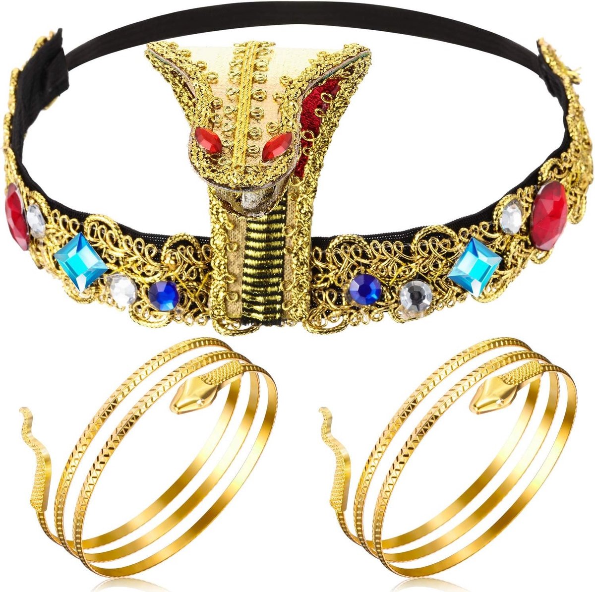 Egyptische Kostuumaccessoires Set met Hoofdsieraad en 2 Metalen Slangarmbanden voor Vrouwen - Perfect voor Feestjes en Theatrale Optredens