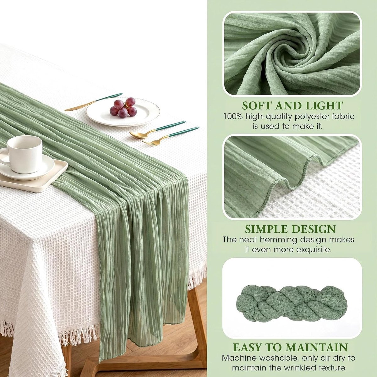 SnelShoppen - 4 stuks tafelrunners eucalyptus groen 90 x 300 cm kaasdoek tafellopers saliegroen rustiek gaasdoek voor bruiloft, feest, banket decorati
