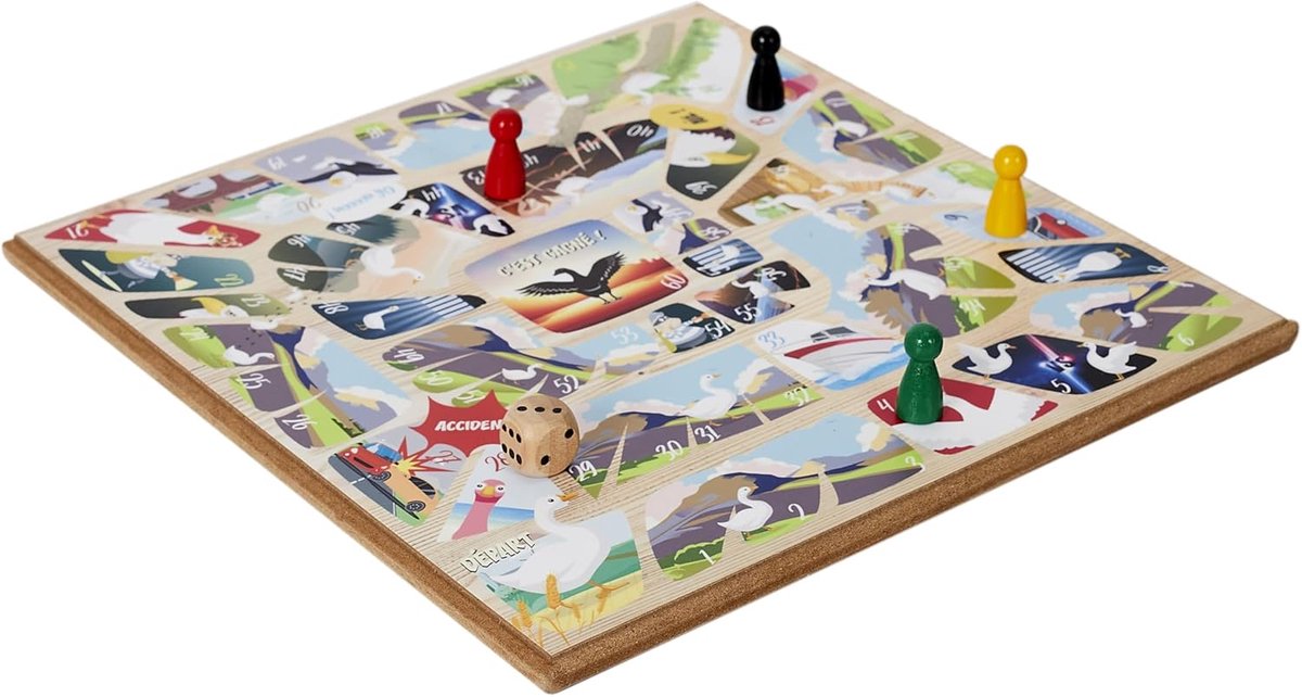 SnelShoppen - Houten Ganzenbord Spel voor Kinderen en Volwassenen - Kleurrijk Spel in Rood, Blauw, Groen en Geel - Perfect voor Feestjes en Gezellige