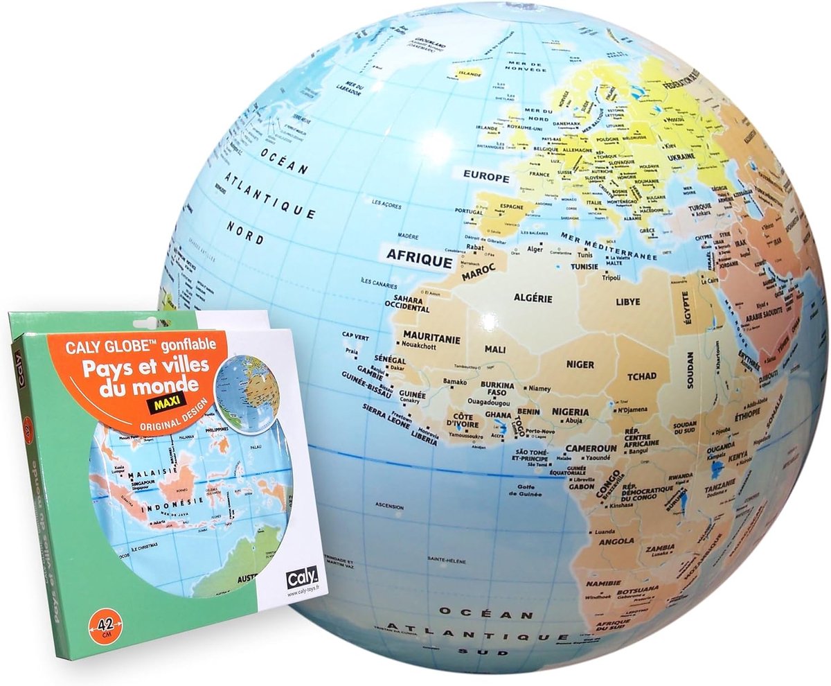 SnelShoppen - Caly Maxi Opblaasbare Globe 42cm, Wereldkaart met Landen en Steden, Educatief, Speelgoed voor Kinderen, Ocean Blue