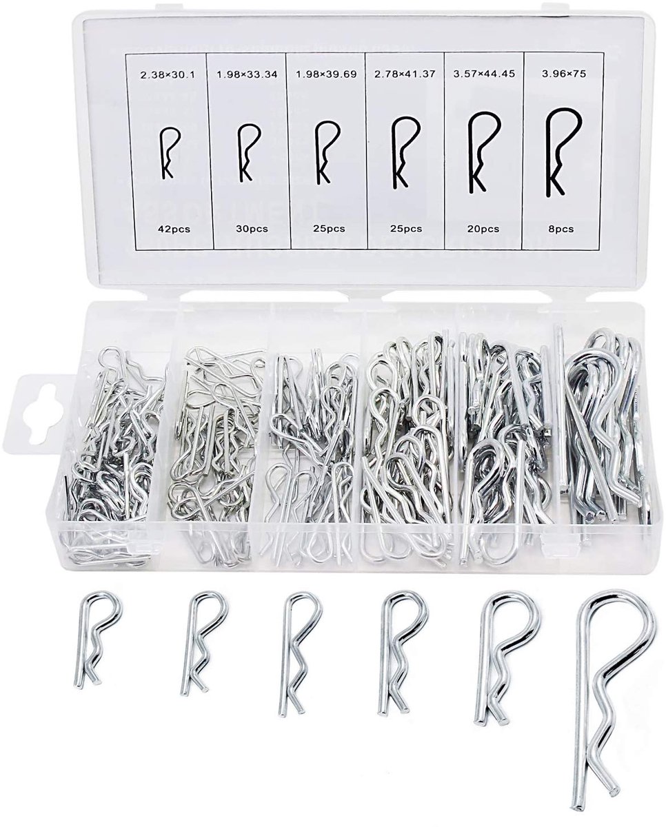 SnelShoppen - 150 Stuks Hitch Pin Clips R-Type Splint - 6 Verschillende Maten - Galvanized Steel - Transparante Opbergdoos - Voor Tractors, Licht Vrac