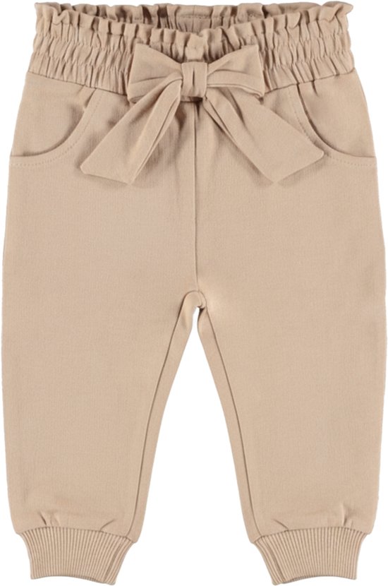 Licht taupe broek met gestrikte strik en ruche tailleband.