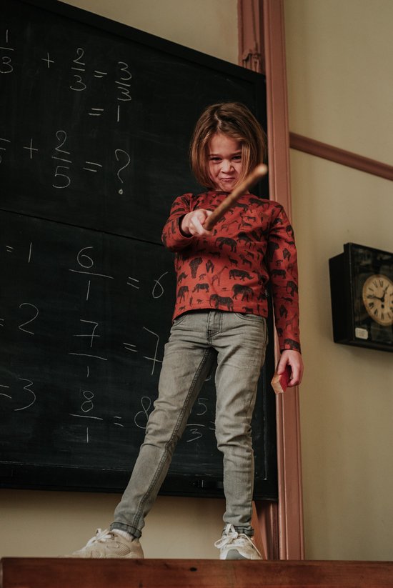 Jongen in oranje shirt met dierenprint en grijze jeans, staand voor een schoolbord.