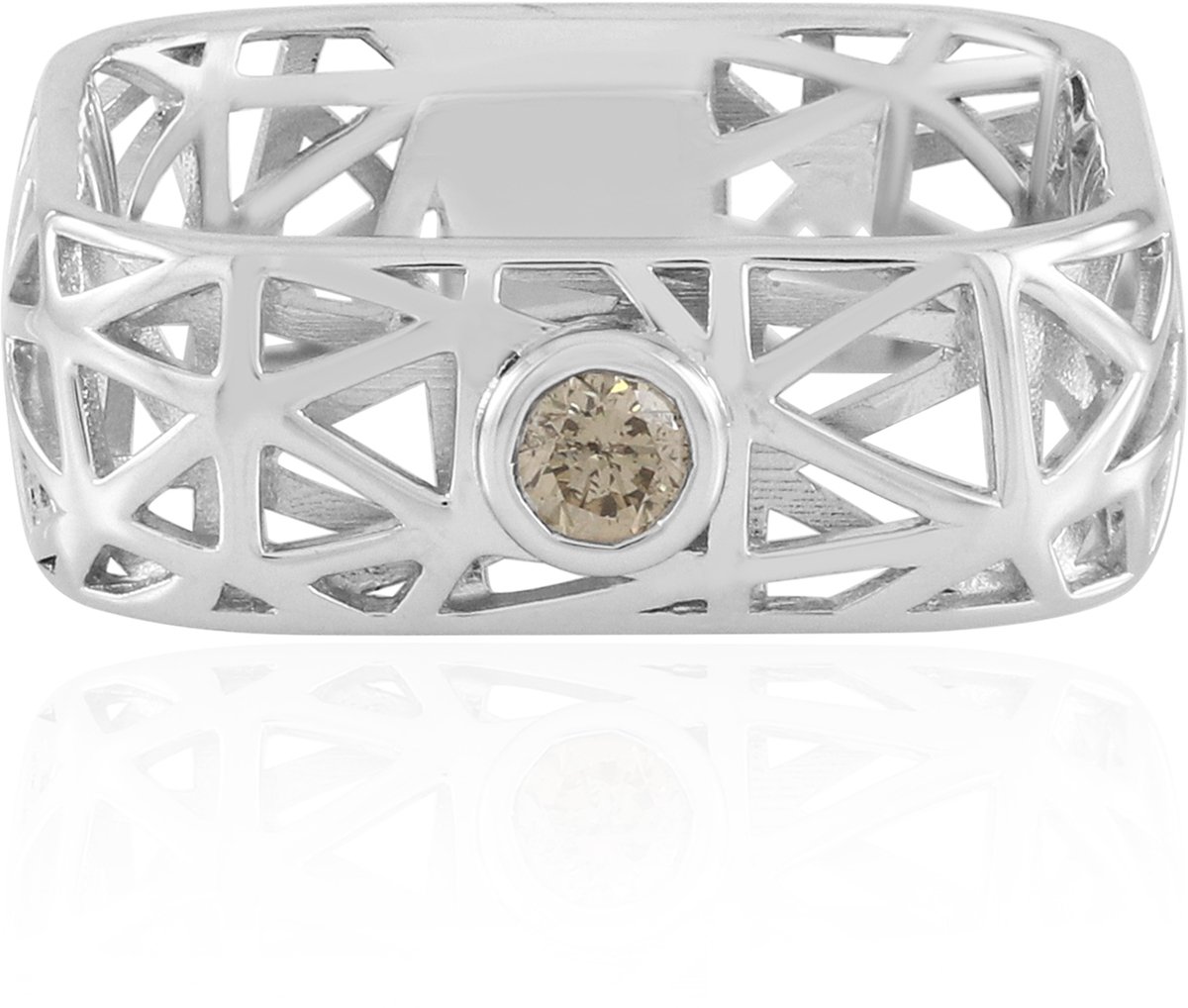 Cavill - Luxe Damesring 925 Sterling Zilver Gerhodineerd - Champagne Diamant 0,099 ct - Briljant Rond Slijpsel - Opengewerkt Design