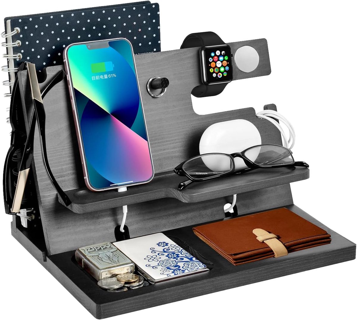 SnelShoppen - Houten Oplaadstation voor Telefoon, Sleutelhanger, Portemonnee en Horloge - 3-in-1 Organizer voor Mannen - Perfecte Cadeaus voor Verjaar