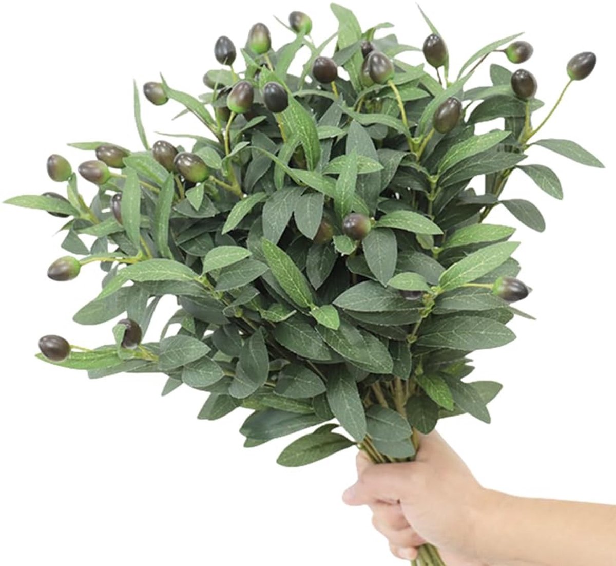 SnelShoppen - 8x Kunstmatige Olijftakken 45cm - Faux Olijf Takken met Vruchten voor Vaas Decoratie - Perfect voor Woondecoratie, Bruiloften en Feesten