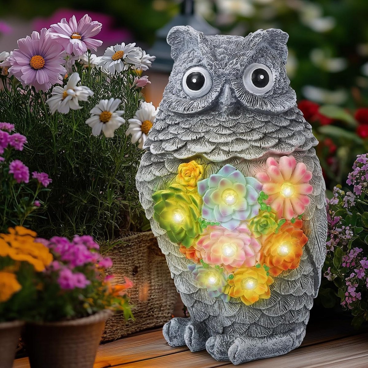 SnelShoppen - Schattige Uil Tuindecoratie met Solar Lamp - Weerbestendige en Duurzame Buitenfiguren - Unieke Sculptuur met Kleurrijke Succulenten voor