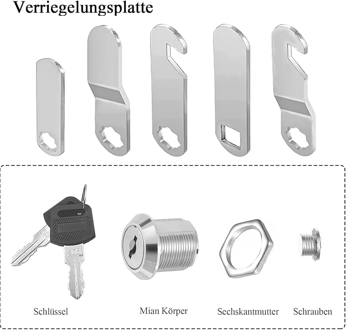 SnelShoppen - Mailbox Lock 16 mm, Cam Lock met 5 Verschillende Lock Plates, Duurzame RVS Deurslot voor Meubels, Kastdeuren, en Postboxen