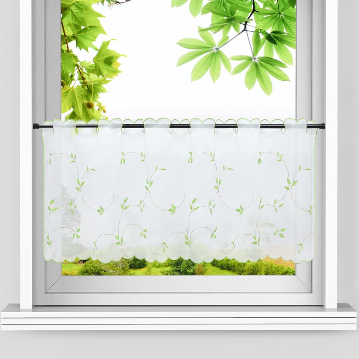SnelShoppen - Voile Gordijn Bladeren Borduurwerk Bistro Gordijnen Landelijke Stijl Korte Gordijnen voor Keuken 45x90cm Groen