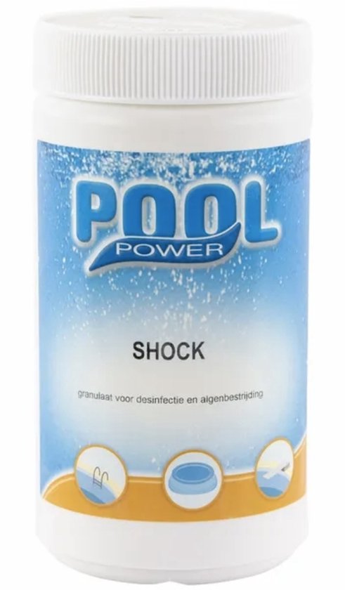 Witte pot "POOL POWER SHOCK" met blauw-wit label.