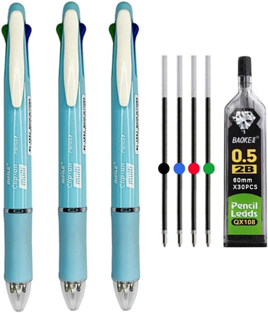 SnelShoppen - Multicolor 5-in-1 Balpen en Automatische Potlood Set - 3 Stuks - 1.0mm Balpennen in Zwart, Blauw, Rood, Groen - Ideaal voor School, Kant