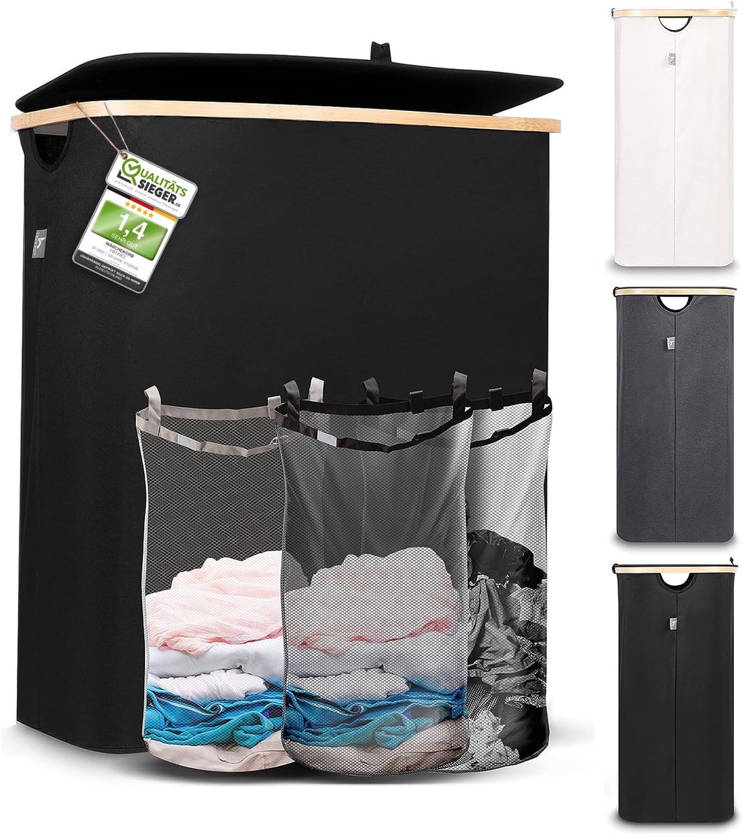 SnelShoppen - XXL Hennez Wasbox 150 Liter Wasmand 3 Vakken met Deksel, Waszak, Zwart Bamboe, Wasverzamelaar, Sorteersysteem voor Huishouden, Praktisch