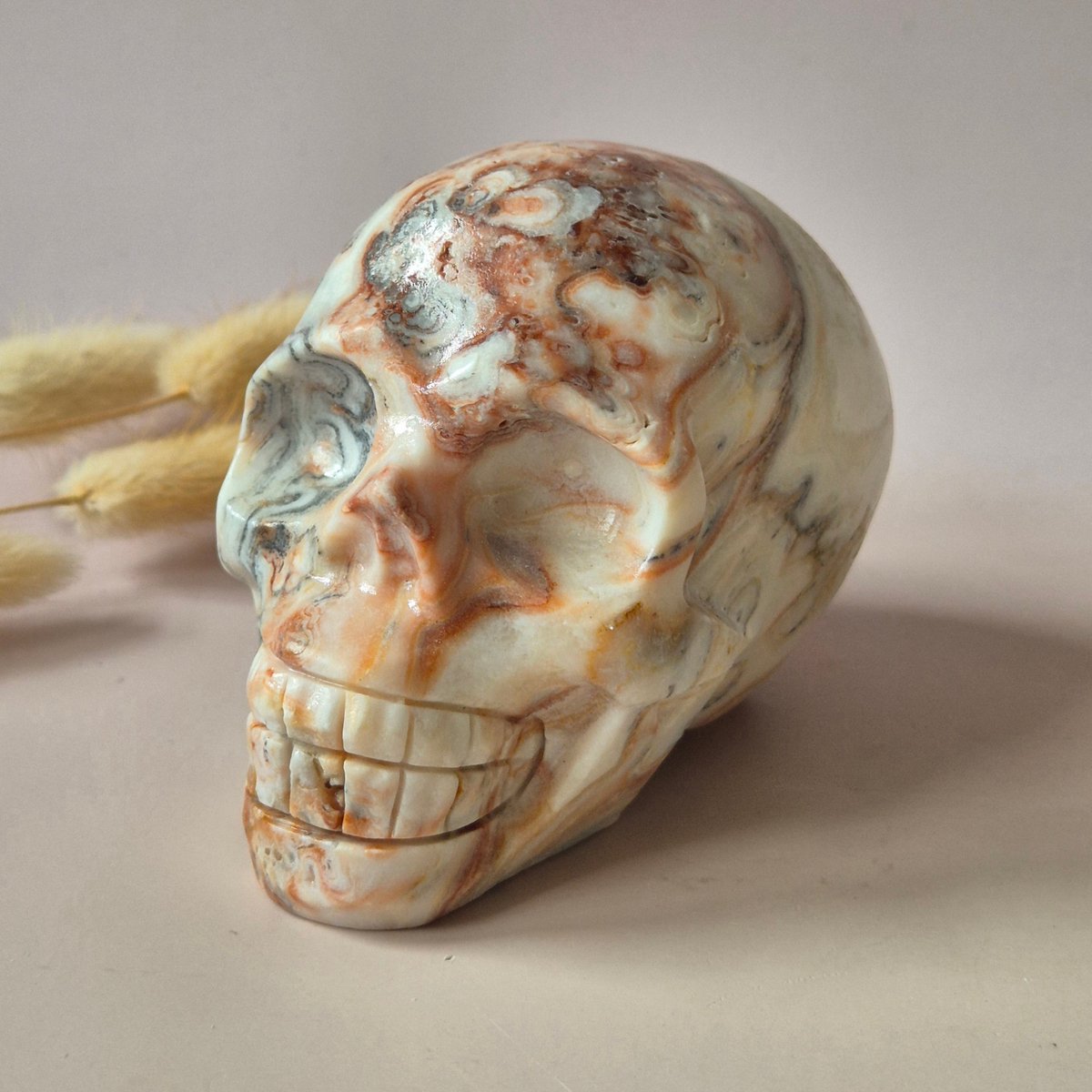 XXL Edelsteen Crazy Lace Agate Skull – 10–12 cm (675g)