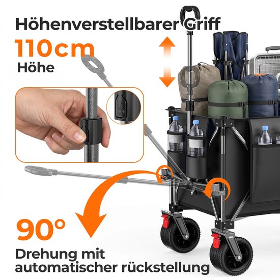 Emvae Bolderkar - Opvouwbare Bolderkar - Bolderwagen - 200L + 100L - Met Achterklep en Grote Terreinwielen - Voor Strand Tuin Boodschappen - Zwart — afbeelding 5