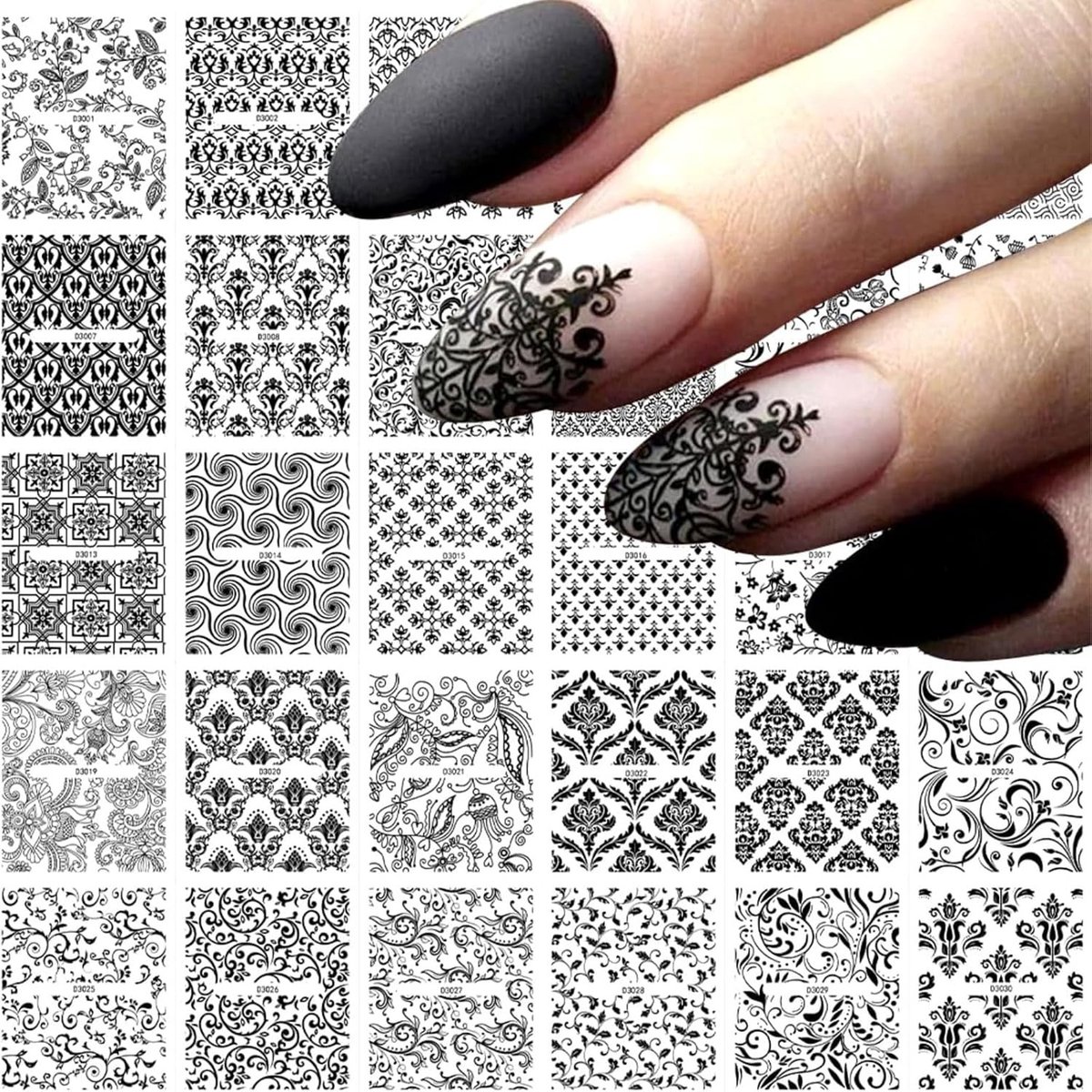 30 Bladen 3D Zelfklevende Nagelstickers voor Bloemen Nail Art, Retro Zwart, Holle Bloemstelen, Creatieve Nageldecoratie, Nail Design Accessoires