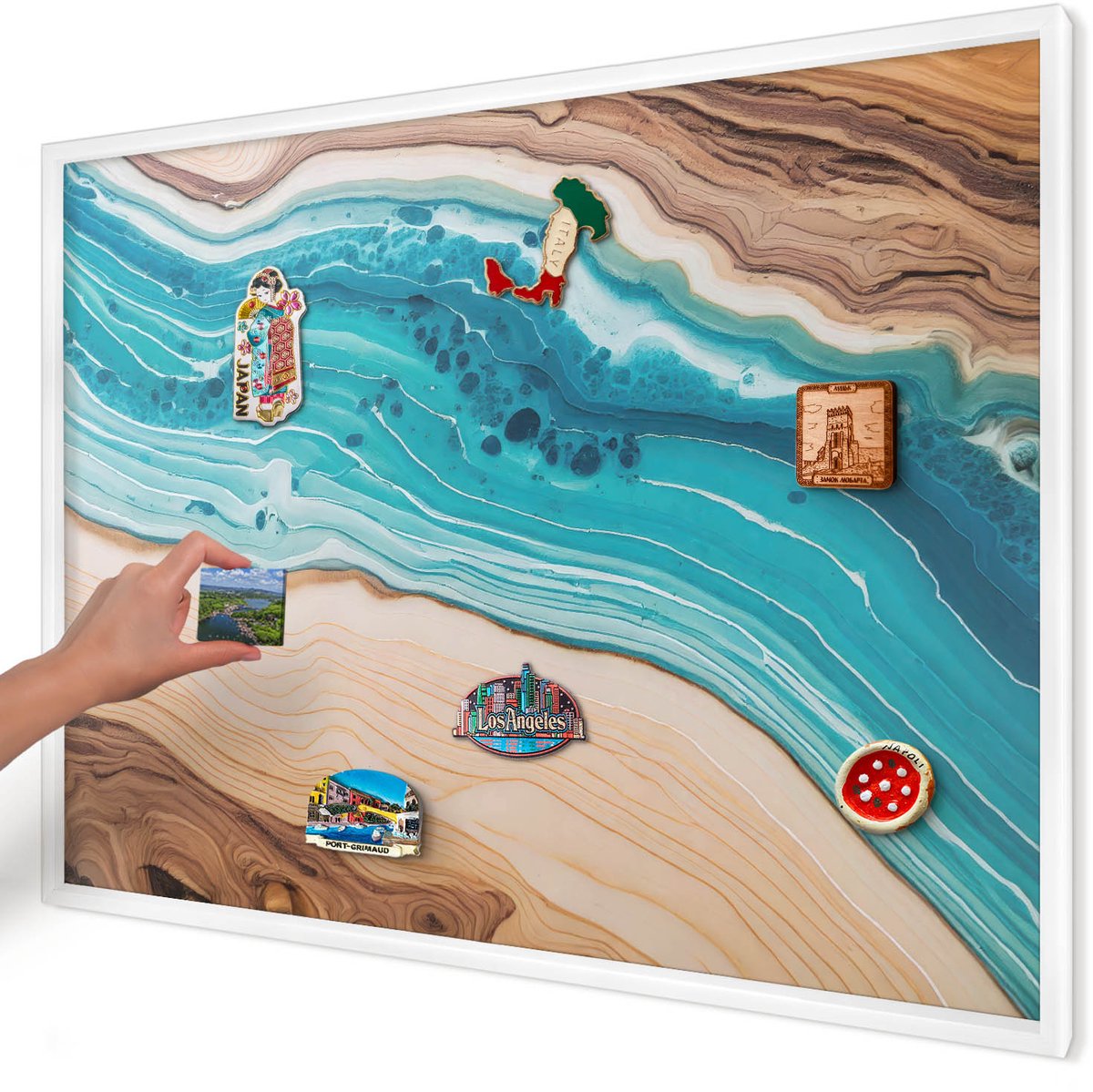 Artprintcave Turkoois Magneetbord mit Witte Lijst - 100x70 cm - Aardlagen Magnetisch Bord - Abstract Magneet Bord mit Frame - Abstractie