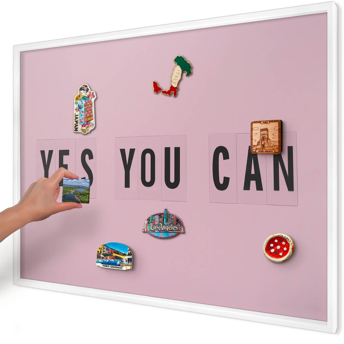 Artprintcave Roze Magneetbord mit Witte Lijst - 100x70 cm - Motivatie Elke Dag Magnetisch Bord - Minimalist Memobord Keuken - Teksten
