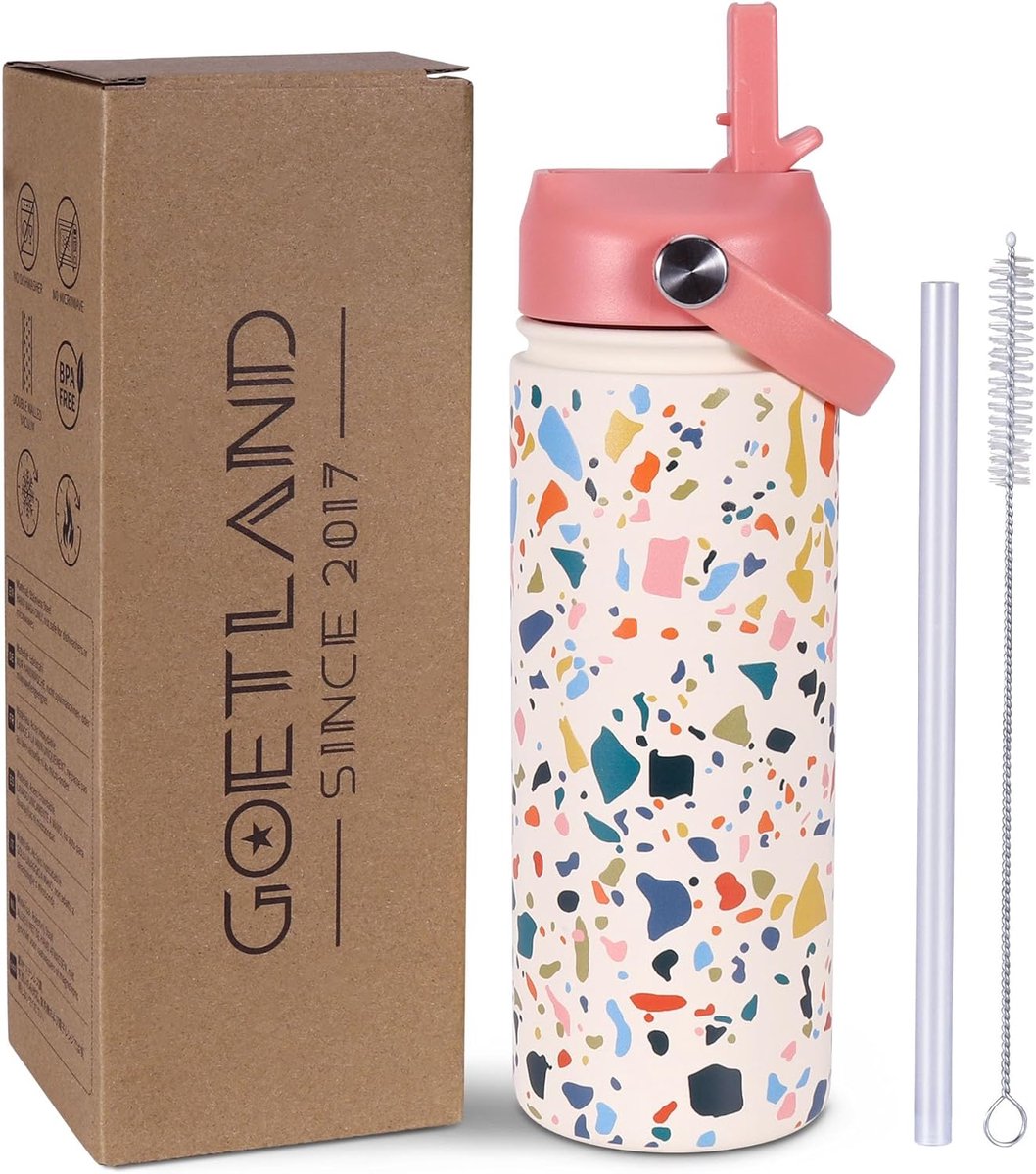 Thermosfles 500ml - RVS dubbelwandig - lekvrij met rietje - ideaal voor school en kantoor - m-winkel