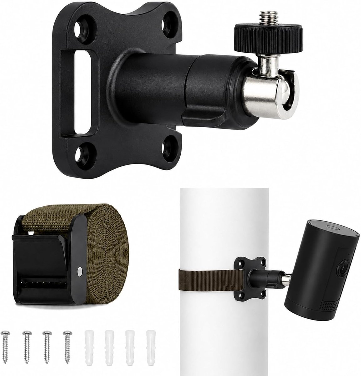 SnelShoppen - Camerahouder voor Bewakingscamera, Universele Masthouder en Paalhouder zonder Boren, Wandhouder met 1/4 Inch Aansluiting, 250 cm Riem, Z