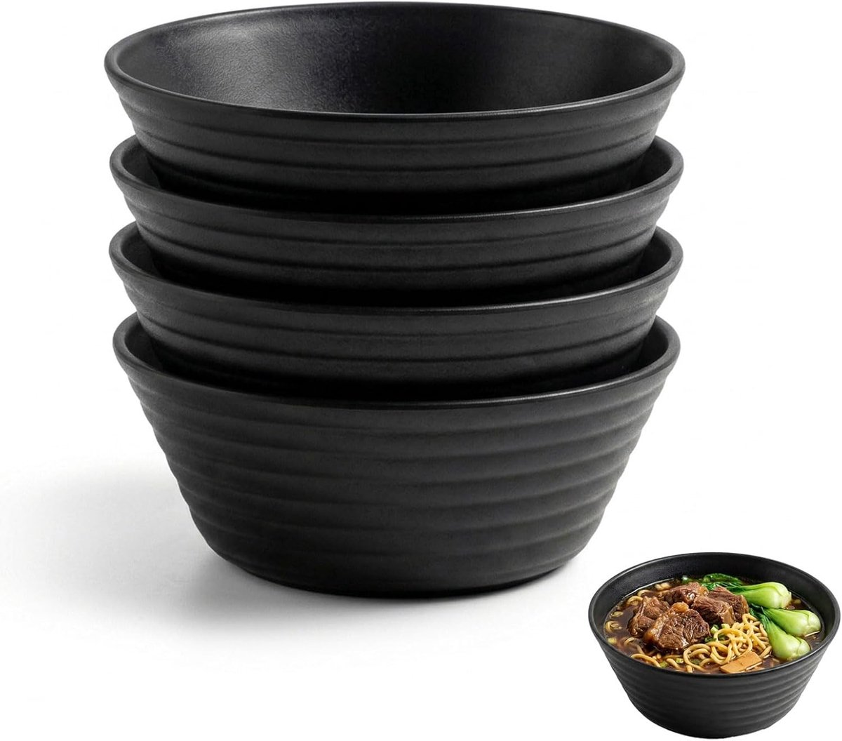 Set van 4 onbreekbare kommen, 20 cm, zwart, 1200 ml, grote kunststof kommen, sla-, soep- en mueslikommen, BPA-vrij, magnetron- en vaatwasmachinebestendig, robuust voor kinderen en volwassenen