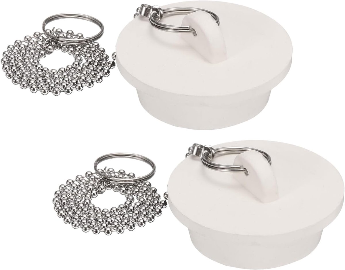 2 stuks badstoppers, rubberen stoppen 1-5/8 inch, afvoerstop voor keukenspoelbak, afvoerstop voor badkamer met trekring en ketting met kralen van roestvrij staal, 38 cm, wit