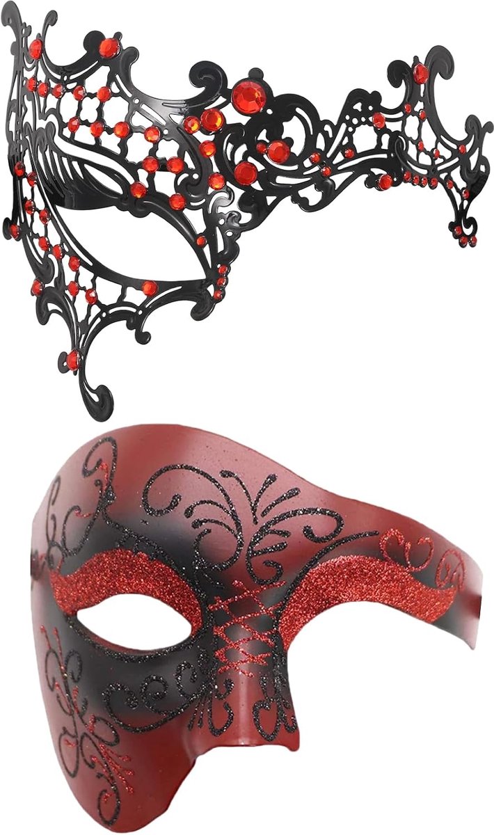 Set van 2 Venetiaans masker voor koppels: elegant zwart rood blauw maskerbal halfmasker oogmasker Phantom voor Valentijnsdag Halloween carnaval maskerade themafeest cosplay
