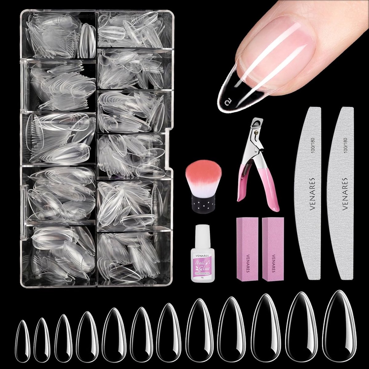 Amandel nageltips voor gel extensies - 500 stuks zachte gel nageltips kit - compleet met lijm, vijlen, buffer - ShopVlot