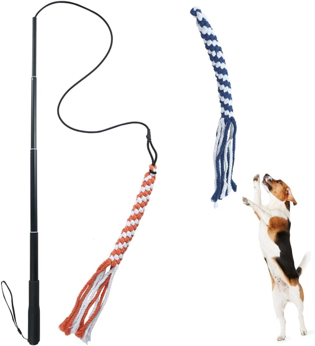 Flirt Pole voor honden, uitschuifbare teaser toverstaf huisdier flirt stok outdoor interactief speelgoed met 2 achtervolgende staart kauwen katoenen touw voor kleine, middelgrote en grote