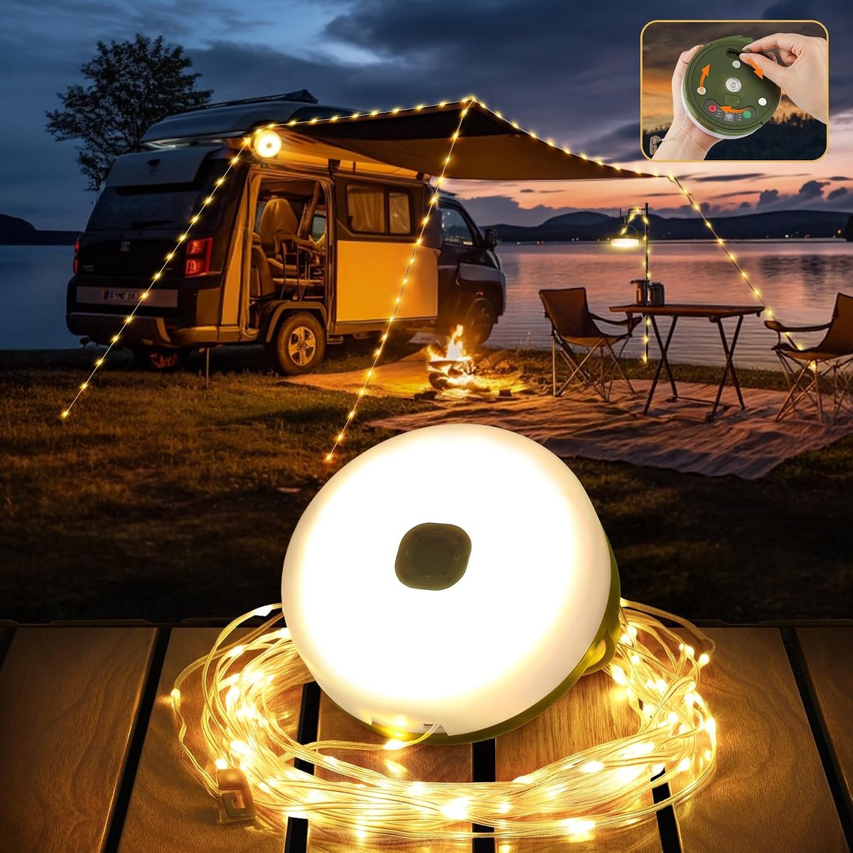 10 m camping lichtketting oprolbaar 4 in 1 met 9 verlichtingsmodi