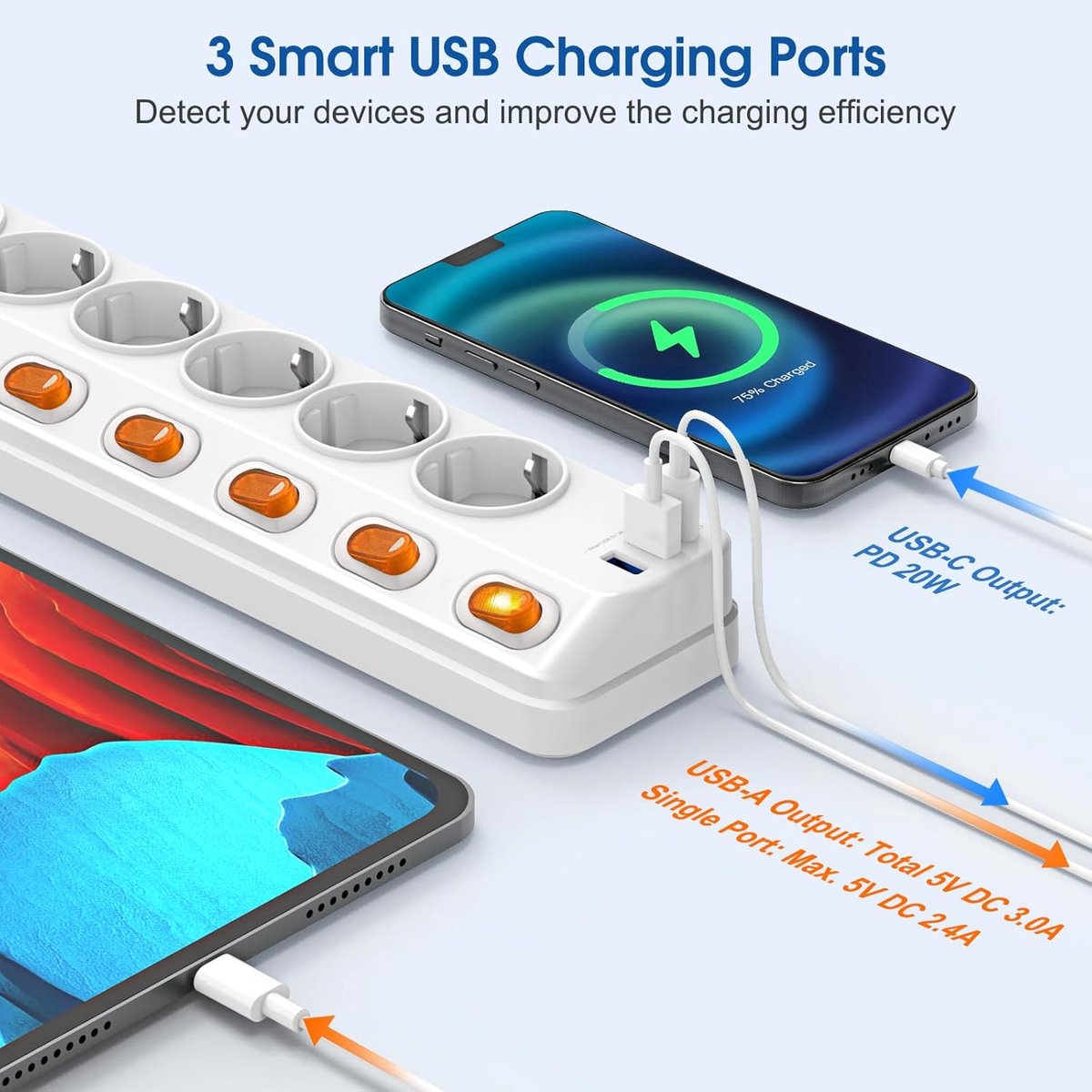 stekkerdoos met USB, 6-socket strip - 2 USB-A en 1 USB-C - met individuele schakelaars - veilig en gebruiksvriendelijk - ShopVlot