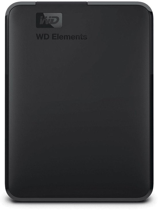 Zwarte WD Elements draagbare externe harde schijf met WD logo en WD Elements tekst.
