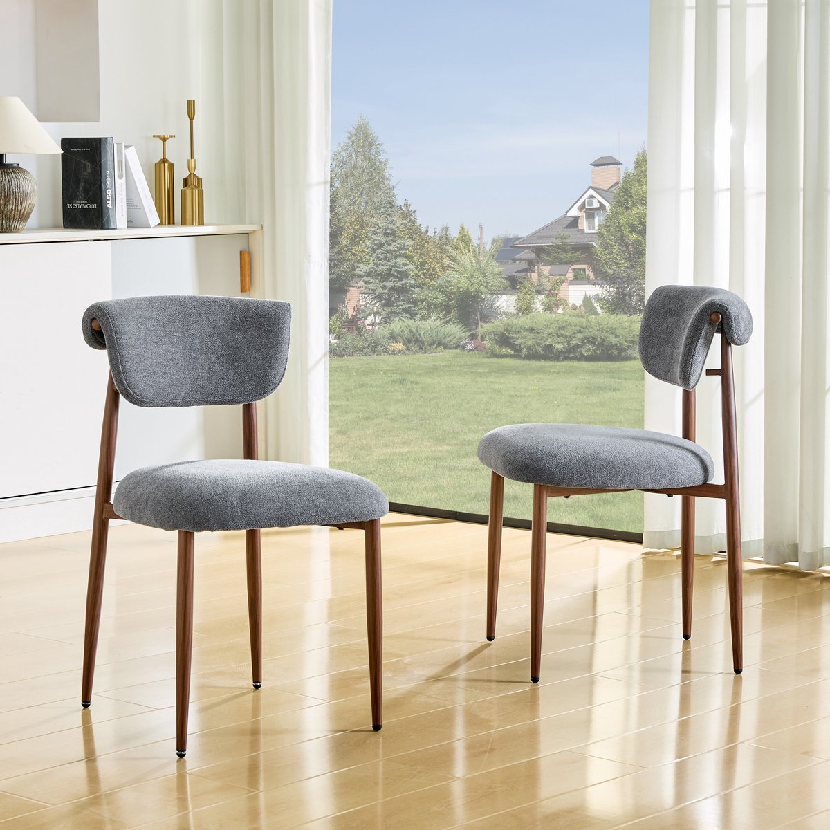 Clruro Eetkamerstoelen 2 Stuks - Gebogen Rug zonder Armleuningen - Linnen en Metaal Grijs
