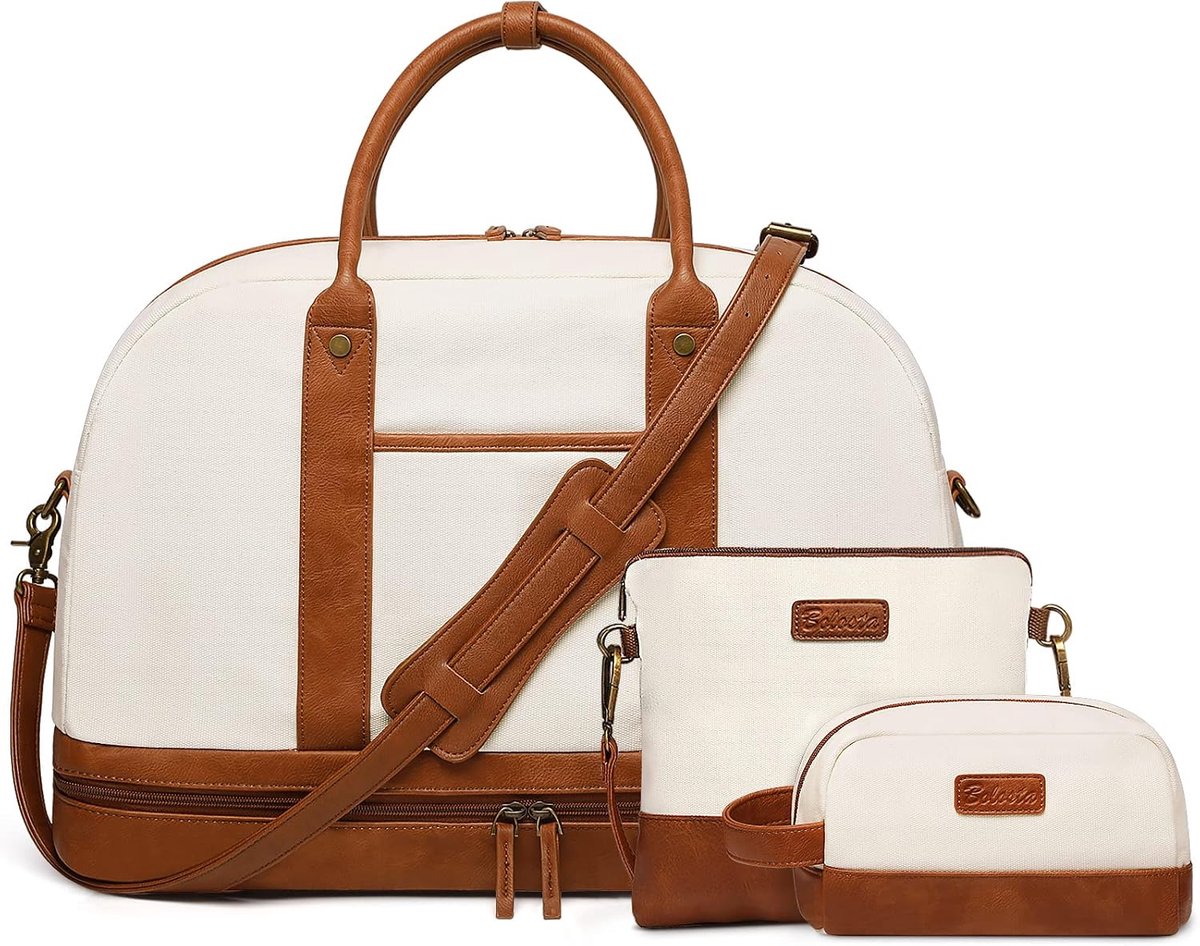 SnelShoppen - Weekender tas voor dames canvas grote reistas met schoenenvak, beige plunjezak ideaal voor reizen, dagelijks gebruik, weekendje weg, ver