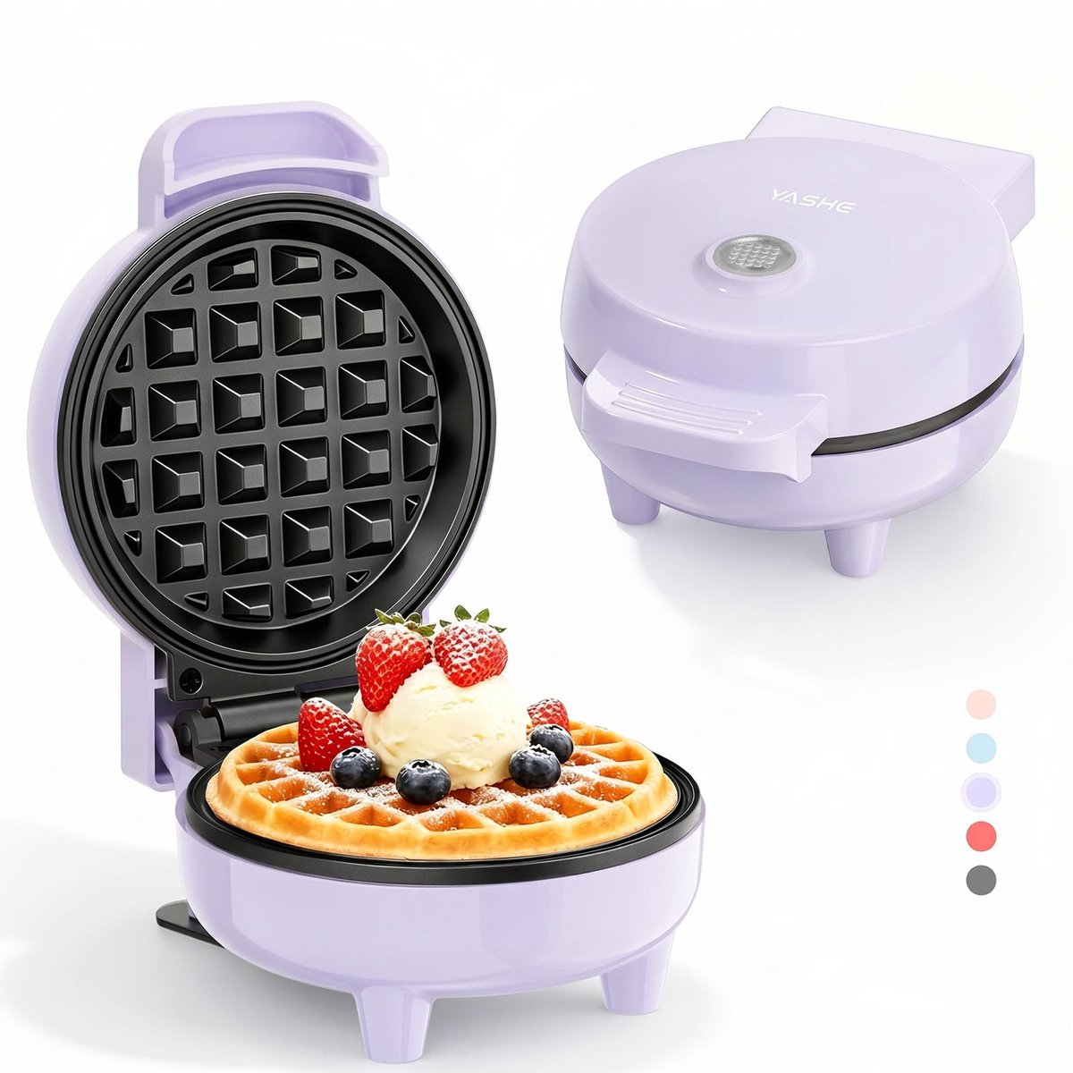 YASHE mini-wafelijzer - 10 cm - 550 W - antiaanbak - paars